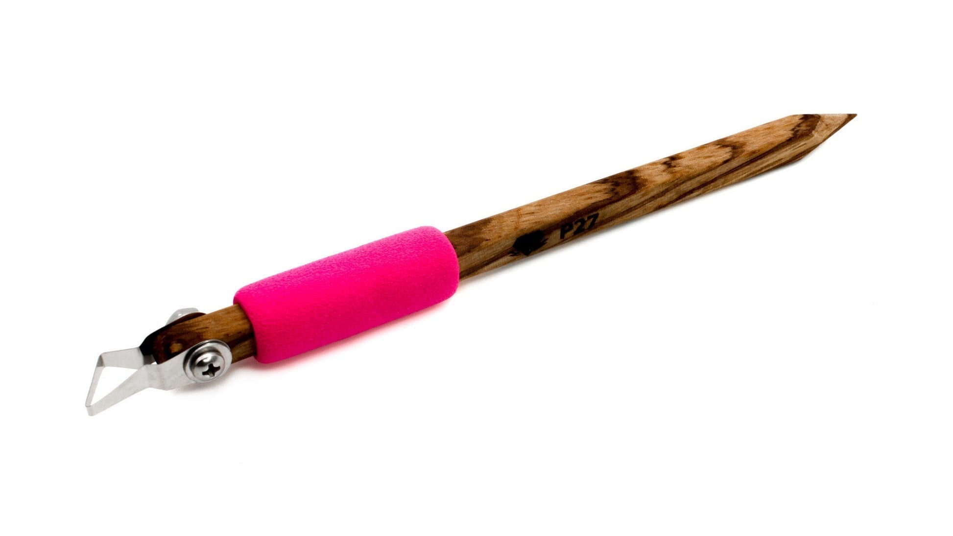 Wooden tool with pink handle on a white background