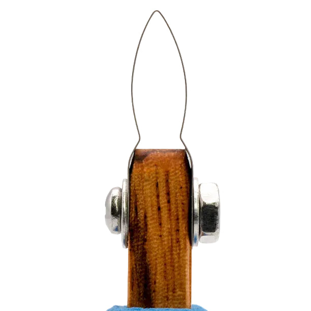 Wooden tool with a metal blade on a blue handle against a white background